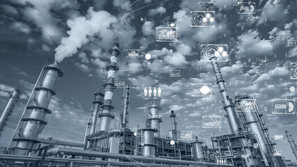 Refinery with digital data visualization, heavy industry digital transformation concept.