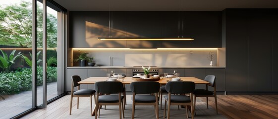 Modern Minimalist Kitchen and Dining Area with Large Windows Overlooking a Lush Garden