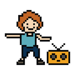 Obraz premium Cute pixel cartoon 8bit character man exercises training dance lifestyle vector decoration life style 8 bit male boy dance with music game fitness isolated vector.