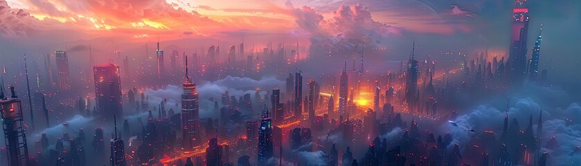 Fototapeta premium Frontal view of an otherworldly cityscape combining fantasy elements and futuristic architecture