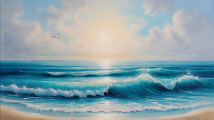 Fototapeta premium Clear waves hitting the beach against the blue sky.