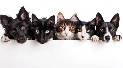 Obraz premium A group of five dogs and a cat look over a white surface, their heads and paws visible