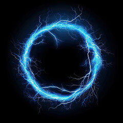 Naklejka premium Glowing Blue Electric Energy Circle with Lightning Sparks on Black Background