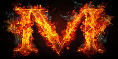 Fototapeta premium Fire letter M of burning flame. Flaming burn font or bonfire alphabet text with sizzling smoke and fiery or blazing shining heat effect. Incandescent hot red fire glow on black background 