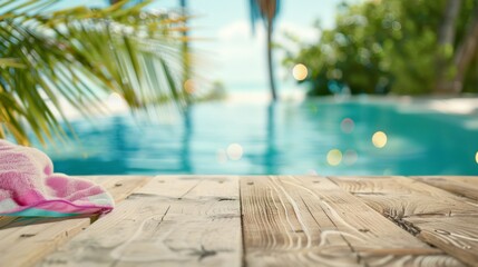 Sunny Beachside Scene with Rustic Wooden Table for Summer Product Display, Vibrant Towel and Palm Details