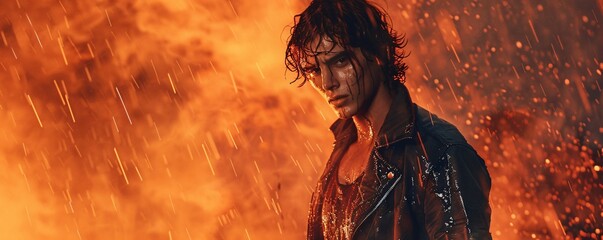 Intense portrait of a youthful man with fire and rain in the backdrop