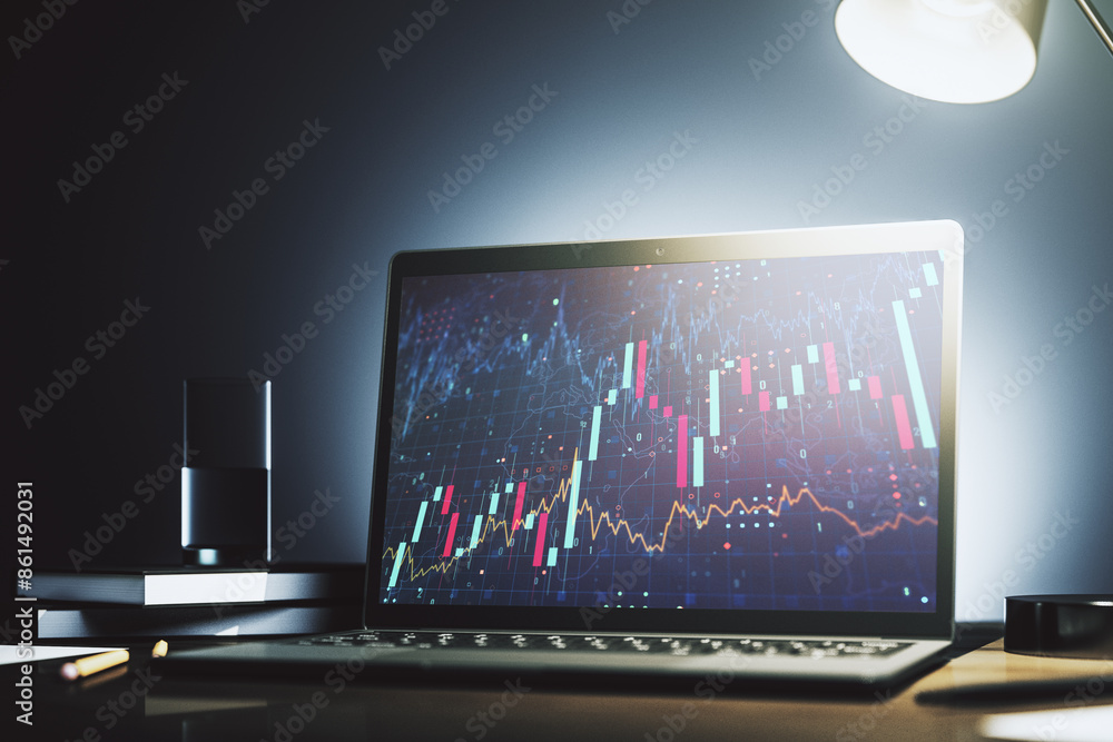 Poster abstract creative financial graph on modern laptop monitor, forex and investment concept. 3d renderi