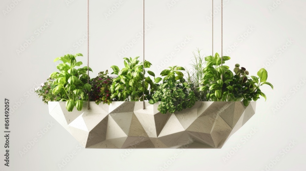 Poster a hanging geometric planter with a unique shape and pattern showcasing a mix of vibrant herbs for a 