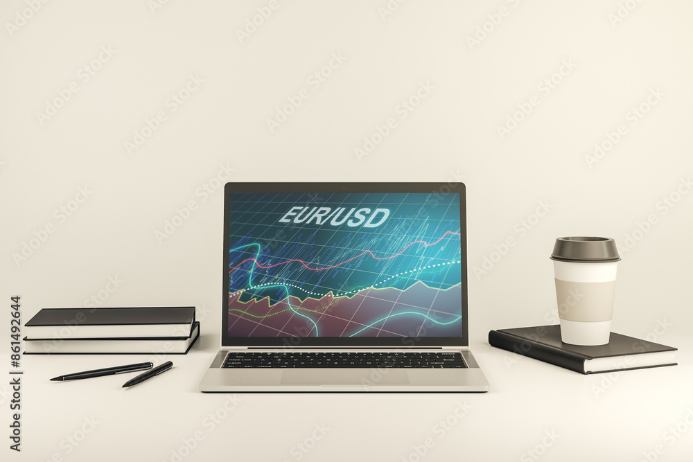Poster modern computer monitor with creative euro usd forex chart hologram. banking and investing concept. 