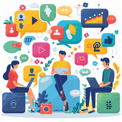 A group of people are sitting around a table with laptops and cell phones, and there are many different social media icons on the table. Scene is one of productivity and collaboration