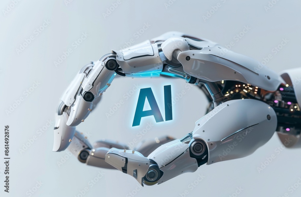 Poster robotic hand holding ai text symbolizing artificial intelligence and futuristic technology