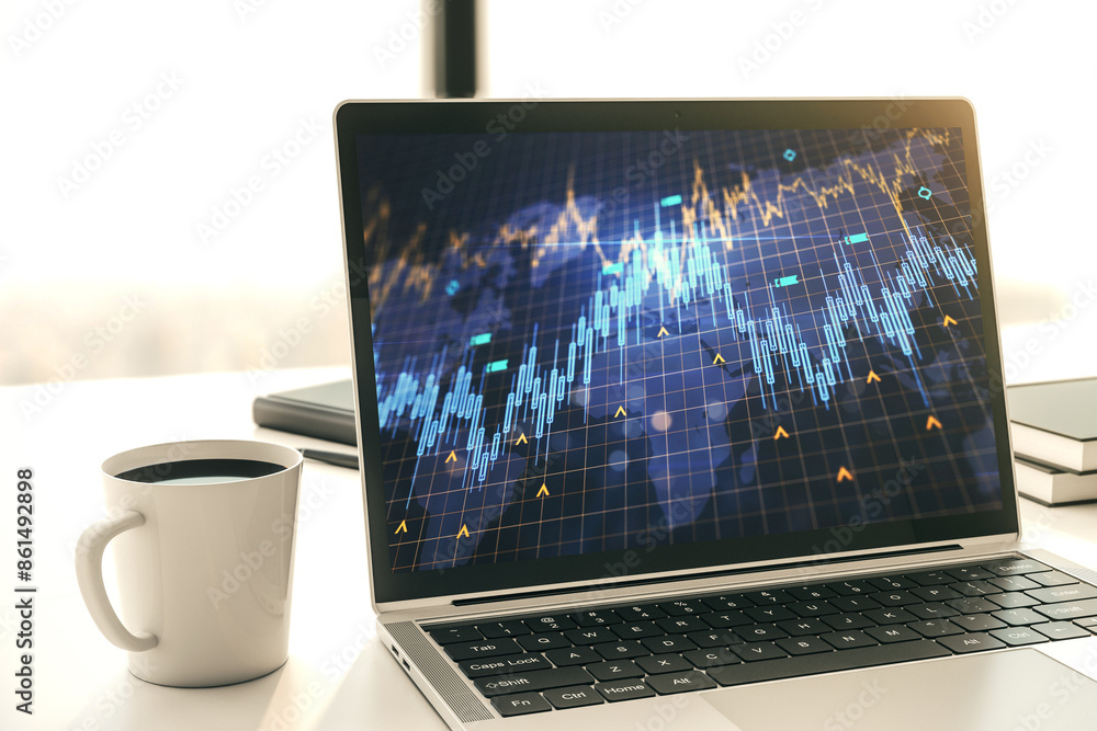 Poster Modern computer screen with abstract creative financial chart with world map, research and analytics concept. 3D Rendering