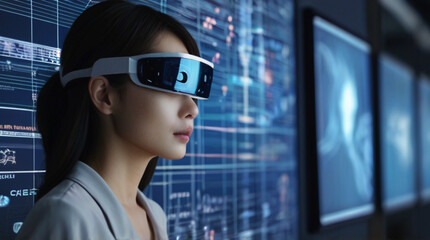 Futuristic portrait of IT specialist analysing data on transparent screen in front of her, information AI technology, cyber security concept	
