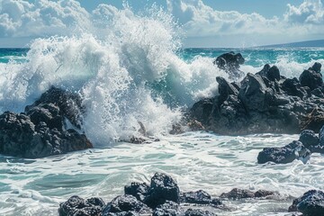 Obraz premium A dramatic scene of powerful ocean waves crashing against volcanic rocks on a sunny day. Perfect for adventure tourism and surf schools. Generative AI