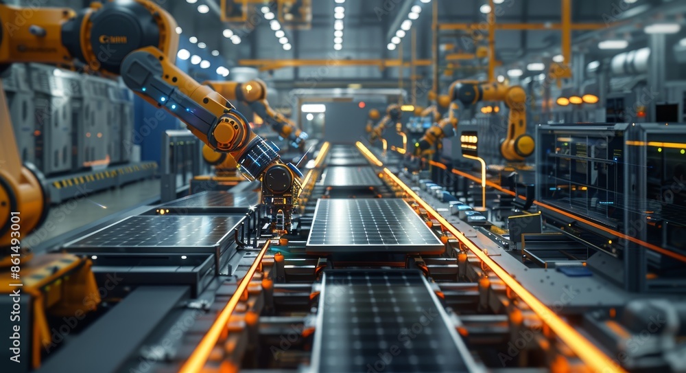 Poster automated robotic arms assembling solar panels on a high-tech production line