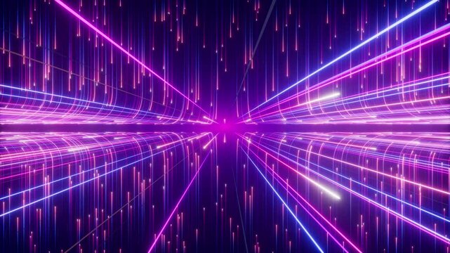futuristic 3d animation. Abstract background of gliding pink blue neon lines and flashing lens flares