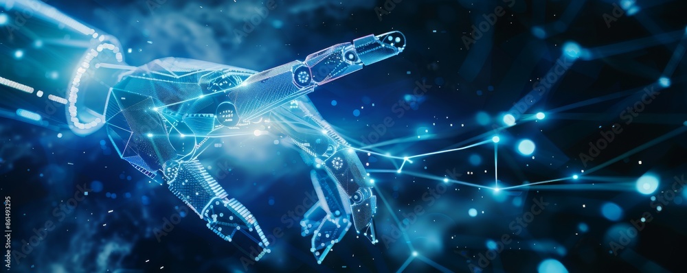 Poster futuristic ai robot hand interacting with digital interface in a cybernetic environment