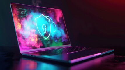 Laptop with shield, green access granted message, encrypted data symbol, side view, emphasizes data encryption, futuristic tone, vivid color scheme
