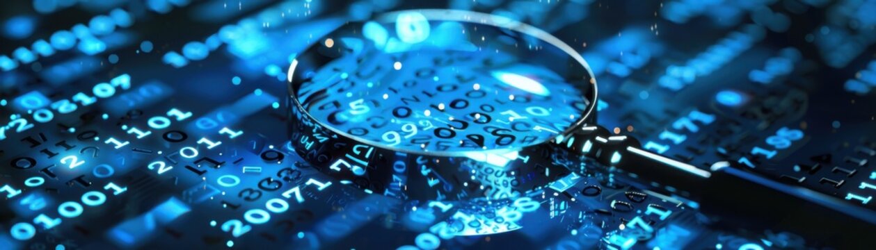 Binary code, blue magnifying glass, key icon, front view, highlights code decryption, technology tone, complementary color scheme