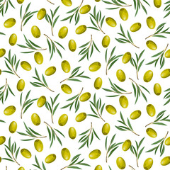 Vector pattern with olives.Green leaves and olives on a transparent background in a seamless vector pattern.