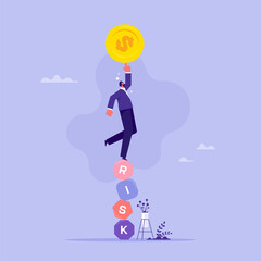 Risk management, control or assess to lose money in investing concept, preparation for safety or secure earning and loss, businessman balance on stack with the word RISK