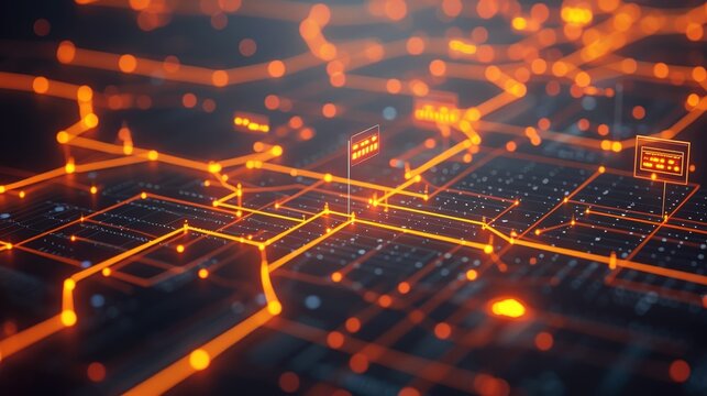 Detailed close up of holographic interface with floating icons in futuristic display