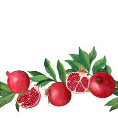 Seamless border with pomegranates. Hand drawn watercolor illustration on white background for print, wrapper, textile, fabric, packaging, design