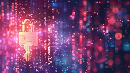 Security key, white firewall interface, threat detection symbol, front view, highlights security measures, digital binary as object, colored pastel