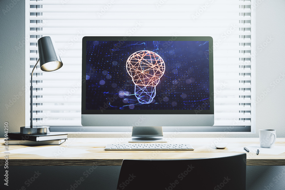 Poster creative light bulb illustration on modern computer monitor, future technology concept. 3d rendering