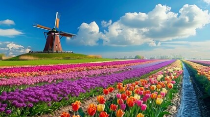 Beautiful colorful tulip field and traditional windmill in country side.