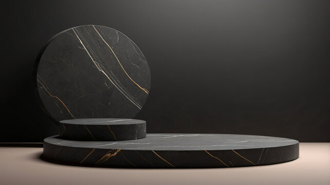 Black podium stone background rock product display 3d dark stand platform abstract stage scene studio. Stone wall black space podium mockup pedestal geometric marble Generated with AI - Powered by Adobe