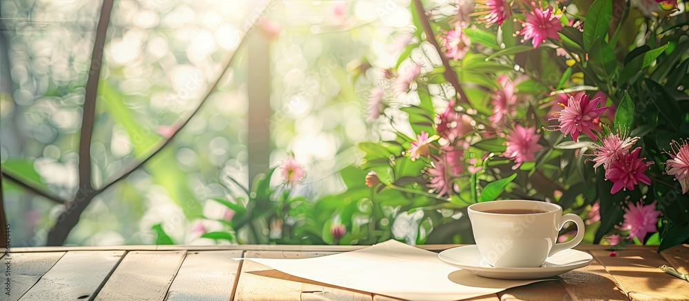 Poster a blank page with flowers and coffee, against a tree backdrop, providing ample copy space for a temp
