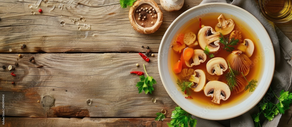 Poster a menu concept featuring a serving of soup with mushrooms and vegetables, displayed from a top view 