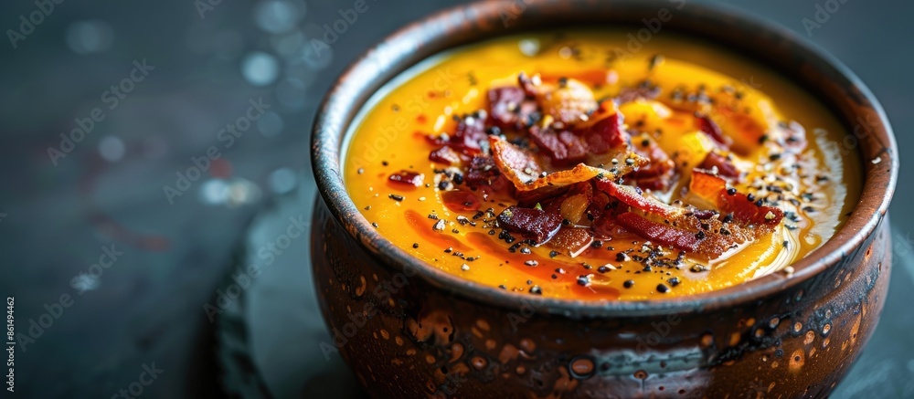 Poster a pumpkin soup with crispy bacon on top is set against a dark backdrop, leaving room for text in the