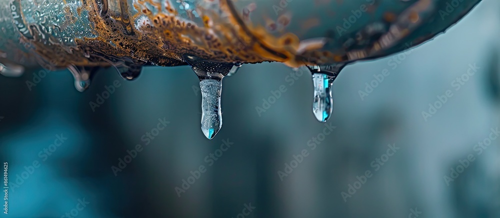 Poster a melting icicle with a drop of water hanging on a drainpipe in a copy space image.
