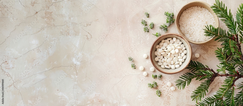 Poster a bowl containing pills and plant branches arranged on a beige tile background with empty space for 