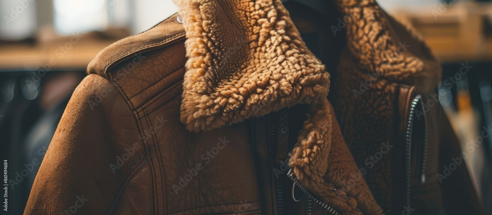 Aufkleber a close-up view of a cozy, brown jacket on a hanger with space for text or other images. image with 