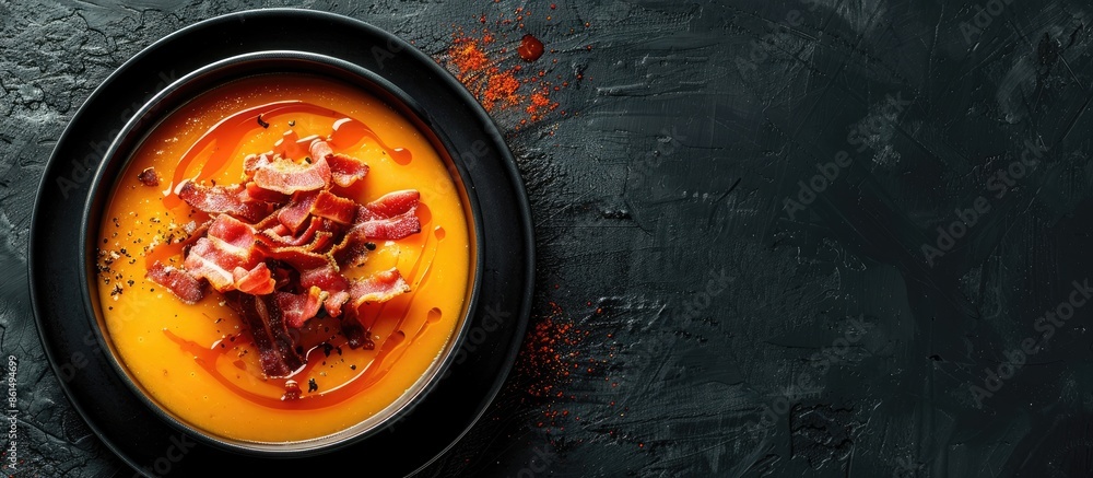 Poster A pumpkin soup with crispy bacon on top is set against a dark backdrop, leaving room for text in the image. image with copy space