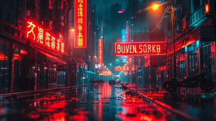 Neon-lit city with bankruptcy sign, future economic decline