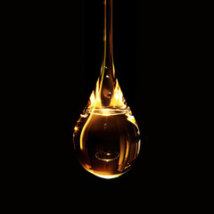Drop of golden oil isolated on black background