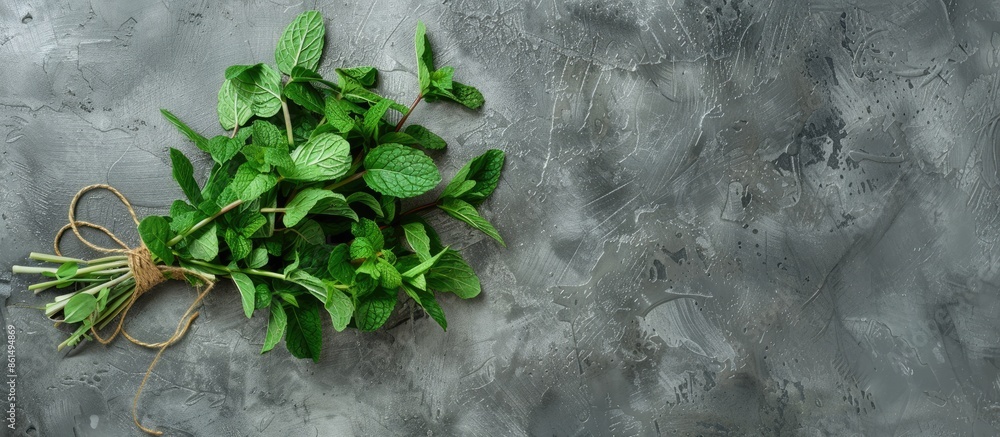Poster a cluster of fresh mint elegantly bound with string set against a gray backdrop features copy space 