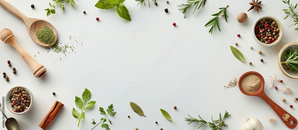 Poster a culinary-themed image with various herbs, spices, and cooking utensils arranged on a white backdro