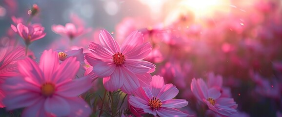 Pink Cosmos Flowers In The Meadow, Adding A Touch Of Whimsical Beauty