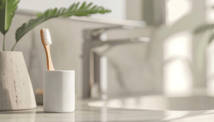 A bamboo toothbrush in a stone holder on a modern bathroom counter, representing simplicity and sustainability in everyday routines