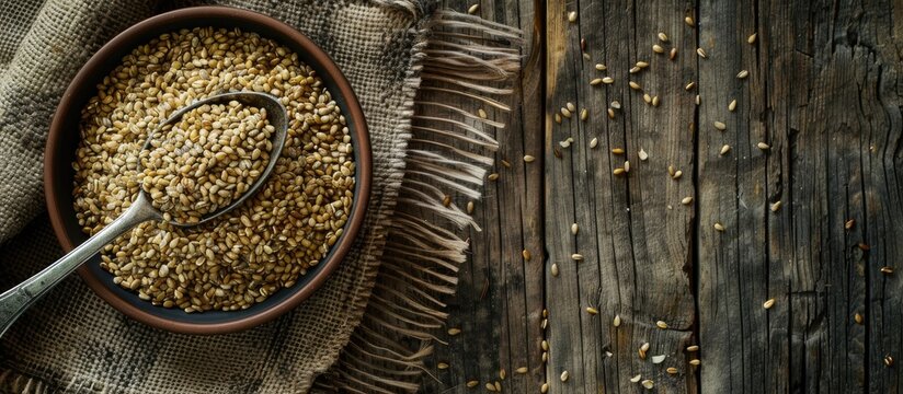 A ceramic bowl with spoon filled with uncooked freekeh or firik on burlap set on a wooden surface, depicting vegan and vegetarian options. Horizontal layout with room for additional text or images.