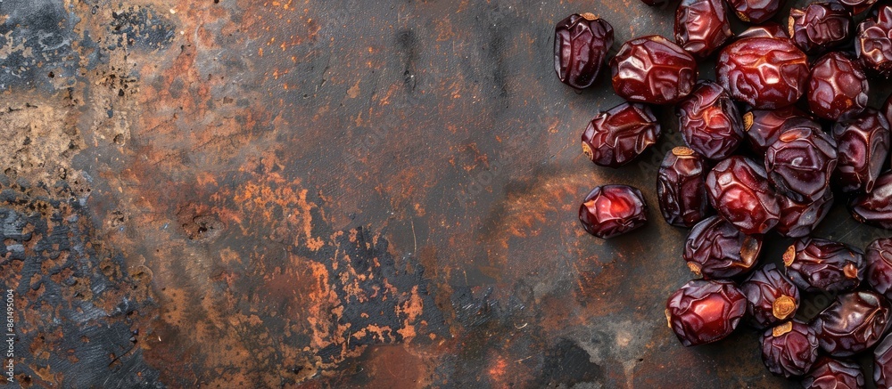 Poster a top-view image of delicious and nutritious dried date fruit offers copy space for text on a rustic