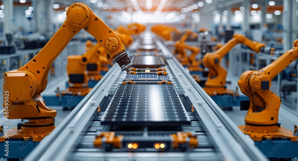 Poster automated robotic arms assembling solar panels on a production line in a modern factory