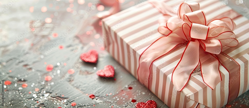 Poster A Valentine's Day gift displayed in a box with striped paper wrapping and a silk ribbon bow, creating a charming presentation with copy space image.