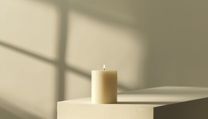 A white candle sits on a sunlit surface, casting soft shadows and creating a serene, tranquil ambiance, perfect for moments of relaxation and reflection