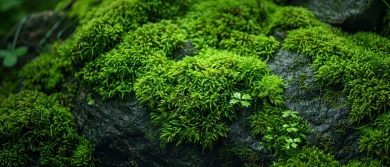 Close-up of moss-covered rock, rich green tones,